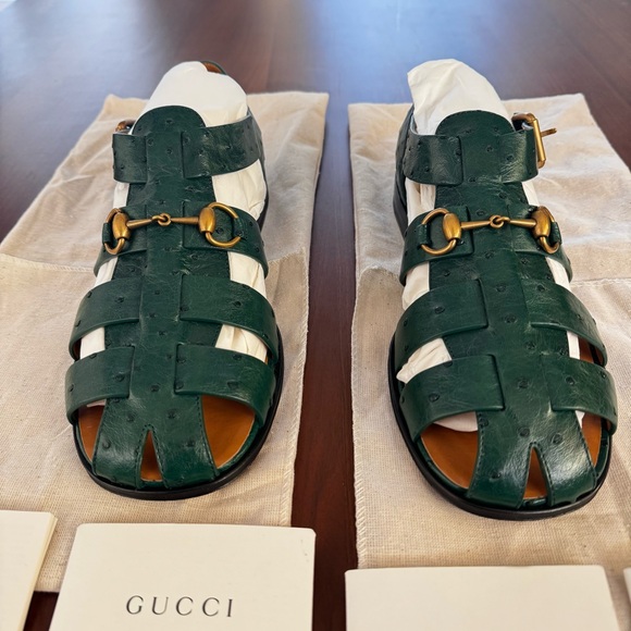 Gucci Exotics Men’s Emerald Green Ostrich Leather Fisherman Sandals Size 10 NWT - Picture 13 of 16